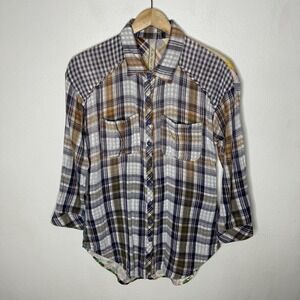 Aratta Silent Journey Plaid Floral Button Up Boho Shirt Womens Small Artsy Top